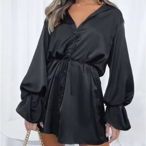Whit Fox Boutique Only Gets Better Black Satin Button up Tie Dress size M